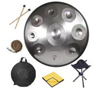 Tamburo Handpan in Acciaio Nitrurato 22 Pollici, Strumento da Viaggio Durevole 10 Note Re Minore, Hang Drum con Custodia Morbida, Supporto(D'argento,440HZ/10Note)
