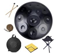 Tamburo Handpan in Acciaio Nitrurato 22 Pollici, Strumento da Viaggio Durevole 10 Note Re Minore, Hang Drum con Custodia Morbida, Supporto(Nero,432HZ/10Note)
