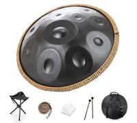 Tamburo in acciaio per handpan, note in re minore 9/10/12, strumento a percussione per tamburo in acciaio da 22 pollici, con borsa per il trasporto, 2 bacchette, per musicoterapia(Black,12,432Hz)