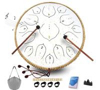 Tamburo in acciaio - strumento a tamburo a lingua da 35,5 cm - batteria a mano a 15 note con libro musicale, batteria a mano bacchette per strumenti e borsa per il trasporto, D Major bianco
