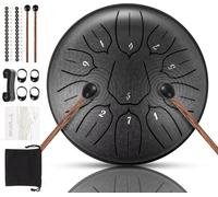 Tamburo per lingua, 6 pollici, 11 note, D-Dur Steel Tongue Drum con libro musicale, bacchette per tamburo, in acciaio, per principianti, per meditazione, yoga (nero, 6 pollici, 11 toni)