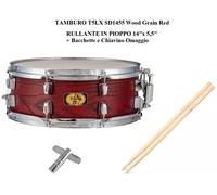TAMBURO T5LX SD1455 Wood Grain Red RULLANTE IN LEGNO 14" x 5.5" con Pelle Remo