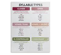 TAMDDBPJD Six Syllable Types Chart Phonics Reading Educational Poster Anchor Chart Canvas Print Wall-Art for Classroom Decor(Framed,12x18inch(30x45cm))