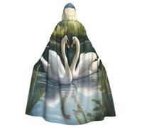 Tamiger Bellissimo mantello bianco con stampa di cigni sul lago, 185 cm, con cappuccio, per Halloween e carnevale