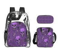 Tamiger Horror Pattern Su Sfondo Viola Stampa 3 Pezzi Trasparente Zaino Set Per Viaggi All'aperto Avventure Vacanze Borsa Trasparente