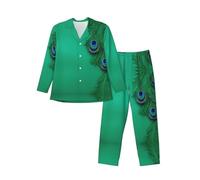 Tamiger Pigiama a maniche lunghe da uomo con stampa piuma di pavone verde Set di due pezzi abbigliamento da casa traspirante accogliente per il fine settimana, Nero , L