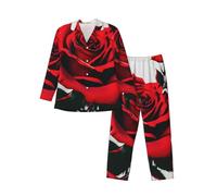 Tamiger Pigiama a maniche lunghe da uomo con stampa rosa rossa Set due pezzi abbigliamento da casa traspirante accogliente per il fine settimana, Nero , L