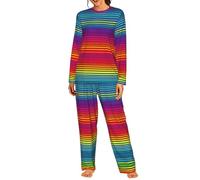 Tamiger Pigiama abbinato a maniche lunghe da donna con stampa arcobaleno modello quotidiano comodo abbigliamento da notte, Nero , XL