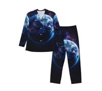 Tamiger Pigiama da uomo a maniche lunghe con stampa pianeta dell'universo set due pezzi abbigliamento da casa traspirante accogliente per il fine settimana, Nero , XL