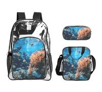 Tamiger Set di 3 zaini trasparenti con stampa barriera corallina, per viaggi, avventure all'aria aperta, vacanze, borsa trasparente