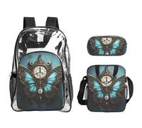 Tamiger Set di 3 zaini trasparenti con stampa di farfalle e orologio, per viaggi, avventure all'aria aperta, vacanze, borsa trasparente