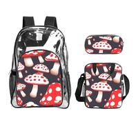 Tamiger Set di 3 zaini trasparenti con stampa di funghi e rosso bianco per viaggi, avventure all'aria aperta, vacanze, borsa trasparente