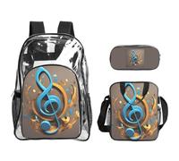Tamiger Set di 3 zaini trasparenti con stampa di note musicali per viaggi, avventure all'aria aperta, vacanze, borsa trasparente