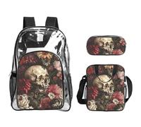 Tamiger Set di 3 zaini trasparenti con stampa floreale con teschio per viaggi, avventure all'aria aperta, vacanze, borsa trasparente