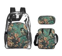 Tamiger Set di 3 zaini trasparenti con stampa floreale e uccellino, per viaggi, avventure all'aria aperta, vacanze, borsa trasparente