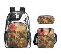 Tamiger Set di 3 zaini trasparenti con stampa floreale e uccellino, per viaggi, avventure all'aria aperta, vacanze, borsa trasparente