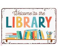 TammieLove Cartello di benvenuto per porta d'ingresso, portico, biblioteca, biblioteca, scritta in lingua inglese "Welcome to the Library" (lingua italiana non garantita), targa in metallo retrò
