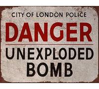 TammieLove Cartello stradale con scritta "Danger Unexploded Bomb London Police", in metallo, stile vintage, decorazione per esterni, 20 x 30 cm