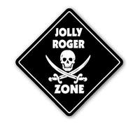 TammieLove Nuovo cartello in metallo Jolly Roger Zone Sign Xing regalo bandiera pirata nave cannone palla barba nera alluminio metallo latta segno quadrato segnale di avvertimento 30,5 x 30,5 cm