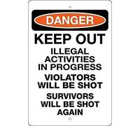 TammieLove Targa in metallo con scritta in lingua inglese "Survivors Will Be Shot Again Danger Keep Out Illegal Activities in Progress Violators Will Be Shot Parcheggio"