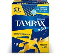 Tampax & Go Regular, 18 assorbenti interni con applicatore in plastica, dotati di presa antiscivolo e doppio cordino protettivo. Ideali per flussi da leggeri a medi