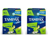 TAMPAX&GO Super,18 Assorbenti Interni con Applicatore in Plastica, Presa Antiscivolo e Doppio Cordino Protettivo, Ginecologicamente Testati, ideali per Flusso Abbondante (Confezione da 2)