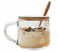TAMUME 380ML Ciotola di Cereali in Vetro e Tazza per Microonde, da Colazione Con Coperchio in Legno e Cucchiaio