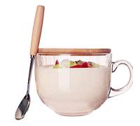 TAMUME 470ml Coppa in Vetro Microwavable con Coperchio in Legno, Include un Cucchiaio con Manico in Legno, Tazza Caffè Vetro