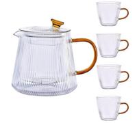 TAMUME Set da tè in vetro: 1 teiera in vetro e 4 tazze da tè con strisce verticali, design ergonomico per uso con una sola mano