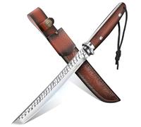 TAN REN Coltello da Caccia 21 cm, Coltello Bushcraft con Fodero in Pelle, Coltello Sopravvivenza Affilato con Lama Fissa, Coltello da Esterno in Acciaio D2, Coltello Campeggio in Legno Full Tang