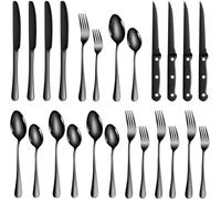 TAN REN nero per 4 persone Set di posate,set di posate in acciaio inossidabile da 24 pezzi con coltello da bistecca,posate con coltello,forchetta e cucchiaio,posate da per cucina/ristorante