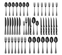 TAN REN Set di posate nero 8 persone, posate acciaio inox nere opache 48 pezzi con coltello da bistecca, set di posate per cucina/ristorante/esterno, lavabile in lavastoviglie