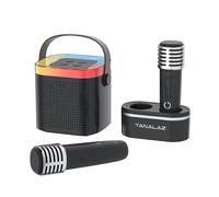 TANALAZ Macchina per karaoke con 2 microfoni wireless e base, mini altoparlante Bluetooth con luci LED per feste e cambia voce, regalo di Halloween, Natale, compleanno