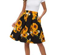 Tandisk Gonna da donna vintage, linea A, stampata, a pieghe, svasata, midi, con tasche, Girasole, L