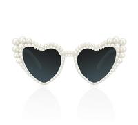 Tanganan Occhiali da sole a forma di cuore con perle per le donne - bianco, strass, lenti grigie, non polarizzate, stile glamour femminile