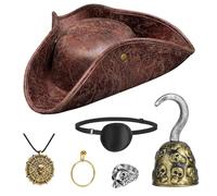 Tanganan Set di 6 cappelli da pirata per Halloween, costume da pirata, con anello con teschio, collana, gancio, orecchini, lembo oculare, pelle, cappelli marroni per uomini e donne
