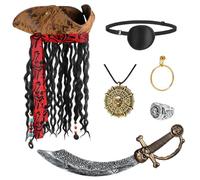 Tanganan Set di 6 cappelli da pirata per Halloween, costume da pirata con dreadlocks, spada a testa di cranio, anello, collana, orecchini, toppa, in pelle, cappello marrone per donne e uomini