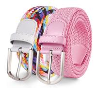 TANGCHAO 2 pezzi Cintura Elastica Intrecciata per Uomo e Donna Cinturino Elastica Intrecciata con Fibbia in Lega di Zinco 33mm (1.25") Iridescente+Rosa 120cm