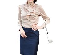 TangDao Camicia Donna Slim Fit Manica Lunga Camicetta Eleganti Colletto Rialzato Seta Maglia Blusa (Beige. L)