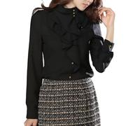 TangDao Camicia Donna Slim Fit Manica Lunga Camicetta Eleganti Colletto Rialzato Seta Maglia Blusa (Nero. XS)