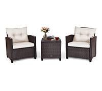 Tangkula Set di 3 mobili da patio, in rattan e vimini, set da 3 pezzi con divano da esterno con cuscino lavabile e piano in vetro temperato, mobili da conversazione per giardino, piscina, balcone