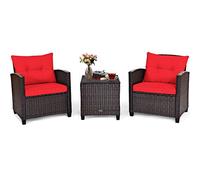 Tangkula Set di 3 mobili da patio, in rattan e vimini, set da 3 pezzi con divano da esterno con cuscino lavabile e piano in vetro temperato, mobili da conversazione per giardino, piscina, balcone