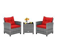 Tangkula Set di 3 mobili da patio, sedie da conversazione in rattan sintetico con tavolino in vetro temperato e cuscini rimovibili, sedie in vimini e set tavolo per veranda, balcone e giardino