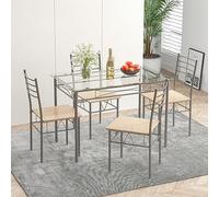 Tangkula Set di tavolo da pranzo per 4 persone, 5 pezzi, con piano in vetro temperato e 4 sedie, mobili per cucina e sala da pranzo, bianco