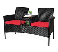 Tangkula Wicker Patio Conversation Furniture Set, Outdoor Furniture Set with Removable Cushions & Table, Tempered Glass Top, Modern Rattan Bench for Garden Lawn Backyard