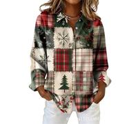 TangoDS Camicie da Donna per Natale a Manica Lunga Casual brutte con Babbo Natale con Bottoni Camicie di Natale per Feste Bluse da Vacanza