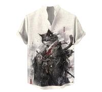 TangoDS Camicie da Uomo Giapponesi da Samurai Gatto Stampate in 3D Camicie Casual con Colletto rialzato Button Down Maniche Corte Camicie Tropicali Top per Le Vacanze in Spiaggia