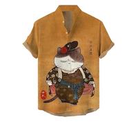TangoDS Camicie da Uomo Giapponesi da Samurai Gatto Stampate in 3D Camicie Casual con Colletto rialzato Button Down Maniche Corte Camicie Tropicali Top per Le Vacanze in Spiaggia