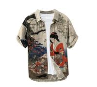 TangoDS Camicie da Uomo Giapponesi da Samurai Gatto Stampate in 3D Camicie Casual con Colletto rialzato Button Down Maniche Corte Camicie Tropicali Top per Le Vacanze in Spiaggia