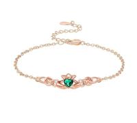 TANGPOET Claddagh - Bracciale da donna con nodo celtico irlandese, in argento Sterling 925, placcato oro, con cuore verde, regolabile, regalo per la mamma, Misura unica, Argento sterling, Zirconia